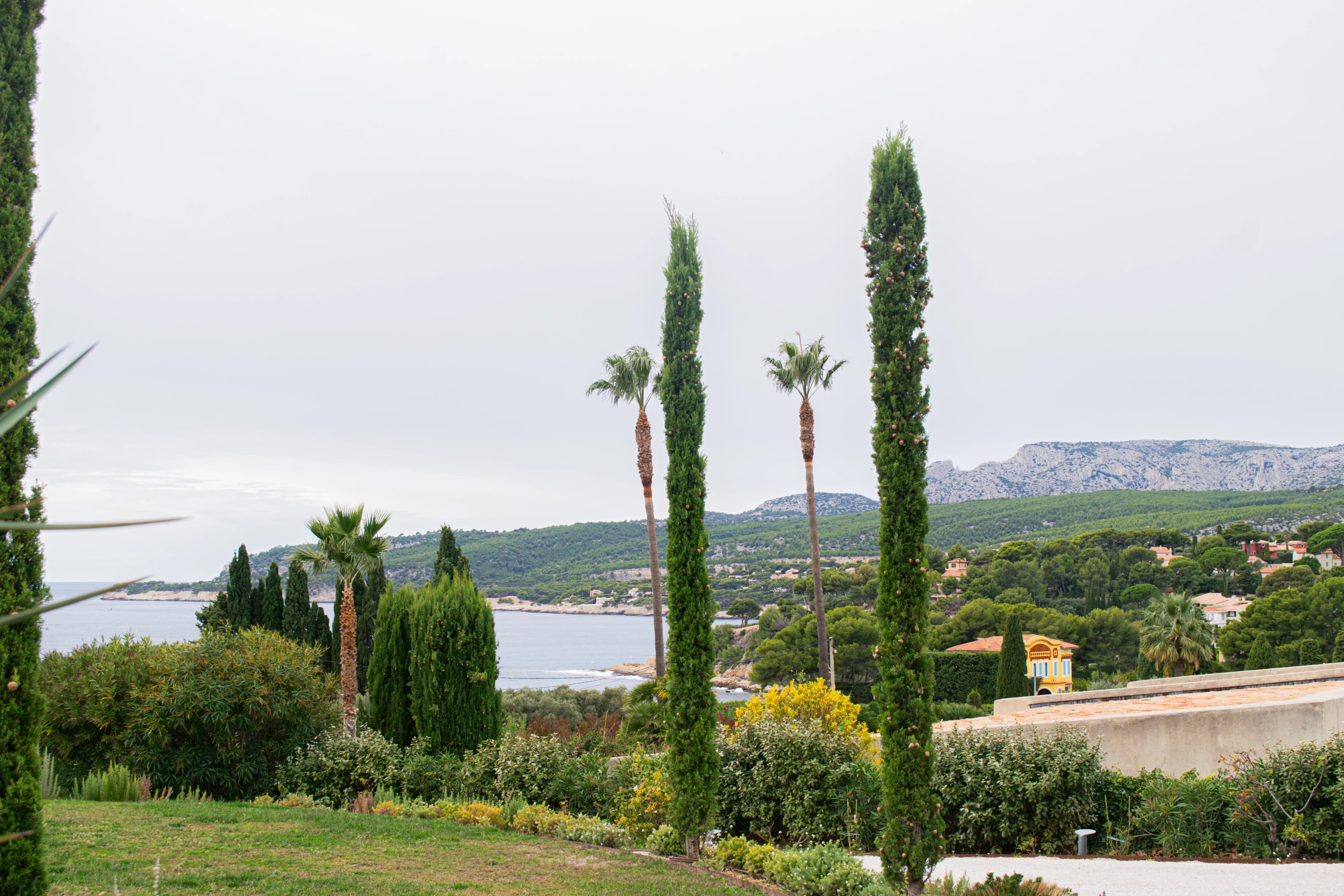 Jardin avec cyprès, palmiers et collines en arrière-plan.